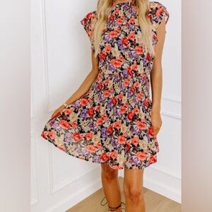 Black Multi Floral Ruffle Sleeve Smock Back Mini Dress/Boutique ($52) - Size M